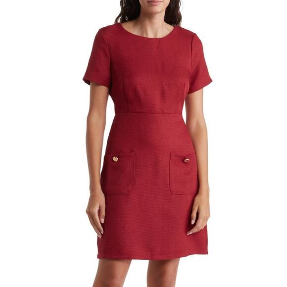 Tahari ASL Dress Tweed Short Sleeve Patch Pocket A-Line Shift Mini Brick Red 4 - Picture 1 of 14
